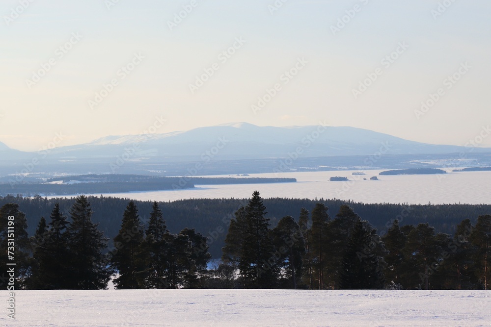 View of the mountains, meadows and the lake. Trees and mountains in winter. Winter landscape in Östersund.

