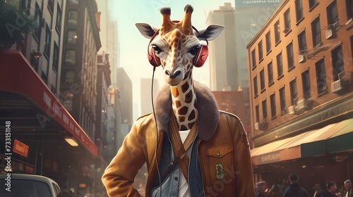 A stylish giraffe wearing a leather jacket, jeans, and trendy sneakers, rocking a pair of wireless headphones on a busy city street photo