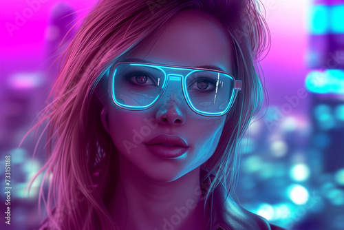 Portrait of a girl wearing digital glasses in cyberpunk style. Against the backdrop of the city in neon light. Future concept. Advanced digital technologies
