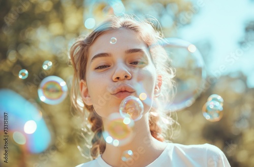 A girl in a white shirt blowing soap bubbles in an outdoor setting, with defocused trees and sunlight in the background