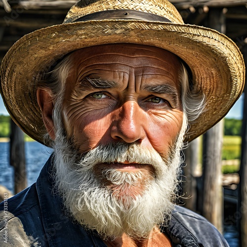 Close-up portrait of a friendly elderly gray-haired male fisherman with wrinkles on his face. 