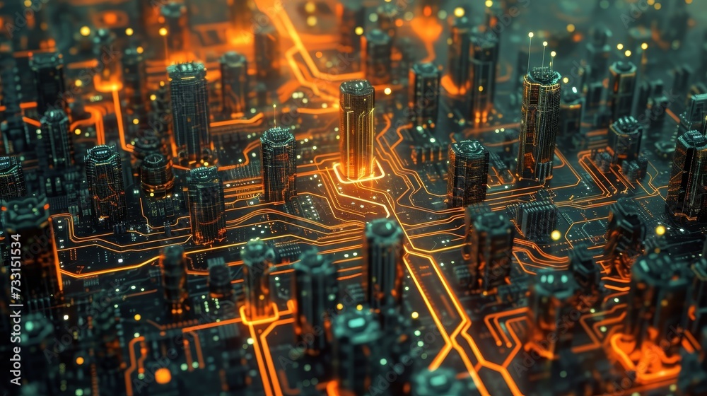 Stored connections and networks Circuit board city with orange lights. Stored connections and networks Circuit board city with orange lights.