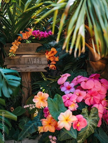 Wooden sign surrounded by tropical flowers and tropical foliage white background  vibrant colors 