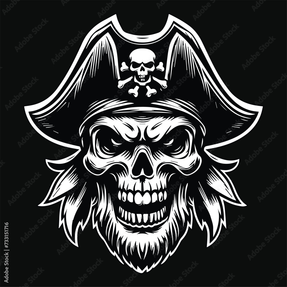 Obraz premium Dark Art Pirates Skull Head with Hat Pirates Black and White Illustration