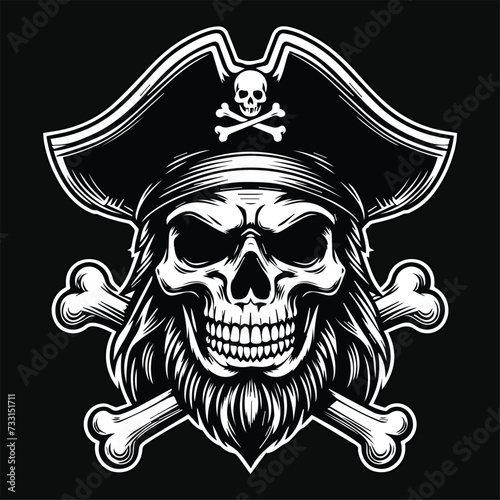 Dark Art Pirates Skull Head with Hat Pirates Black and White Illustration