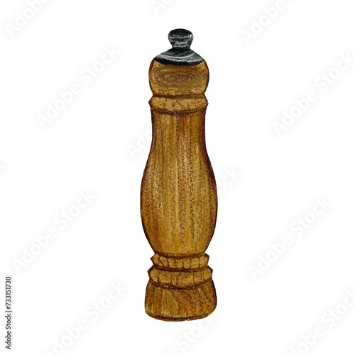 Pepper shaker brown wood a watercolor illustration