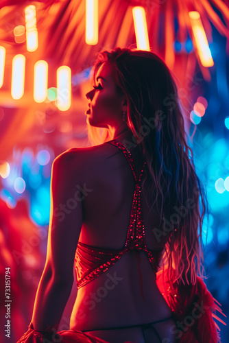 Young beautiful woman portrait in costume at street Carnival. Brazilian culture