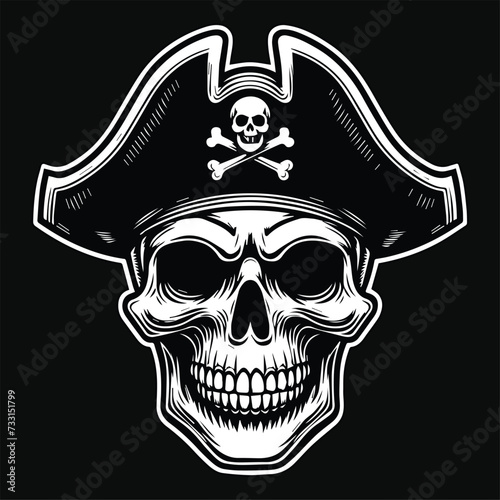 Dark Art Pirates Skull Head with Hat Pirates Black and White Illustration