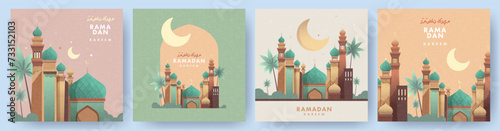 Ramadan Kareem Set of posters, cards, holiday covers. Arabic text translation Ramadan Kareem. Modern beautiful design in pastel colors with mosque, moon crescent, stars in the sky, arches window