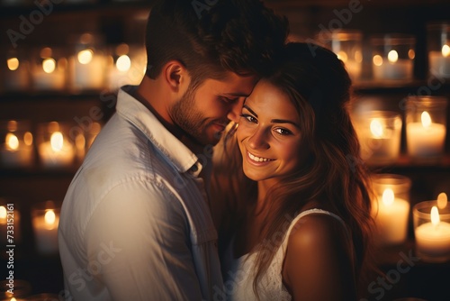 Happy young married couple enjoying a romantic wedding anniversary dinner at home