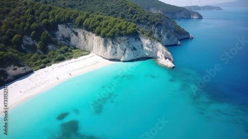 White sand beach of Mediterranean shoreline. Green grass covered cliff washed by the turquoise transparent sea water. Beauty of wild untouched environment. Breathtaking landscape.