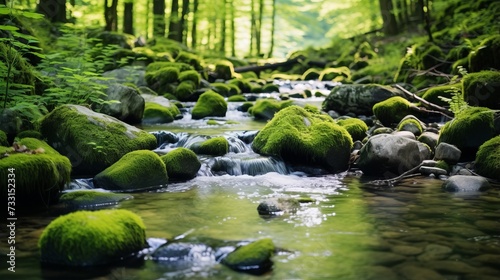 A tranquil forest stream bubbling over smooth stones