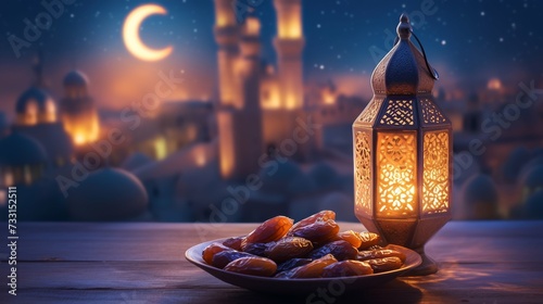Arabic lantern and a plate of dates on a wooden table. View of a crescent moon through a window in the background. Islamic ramadan month of fasting.