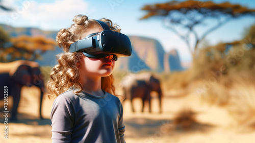 School child wearing virtual reality glasses is studying geography with African wildlife with elephants in his glasses. Concept of the virtual reality in school education © mikhailberkut