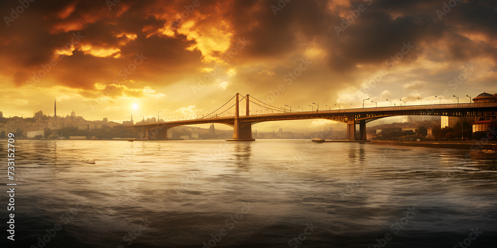 Sunset With Orange Clouds, A fire in the sky is burning on the side, Brooklyn Bridge in New York City USA, Generative AI