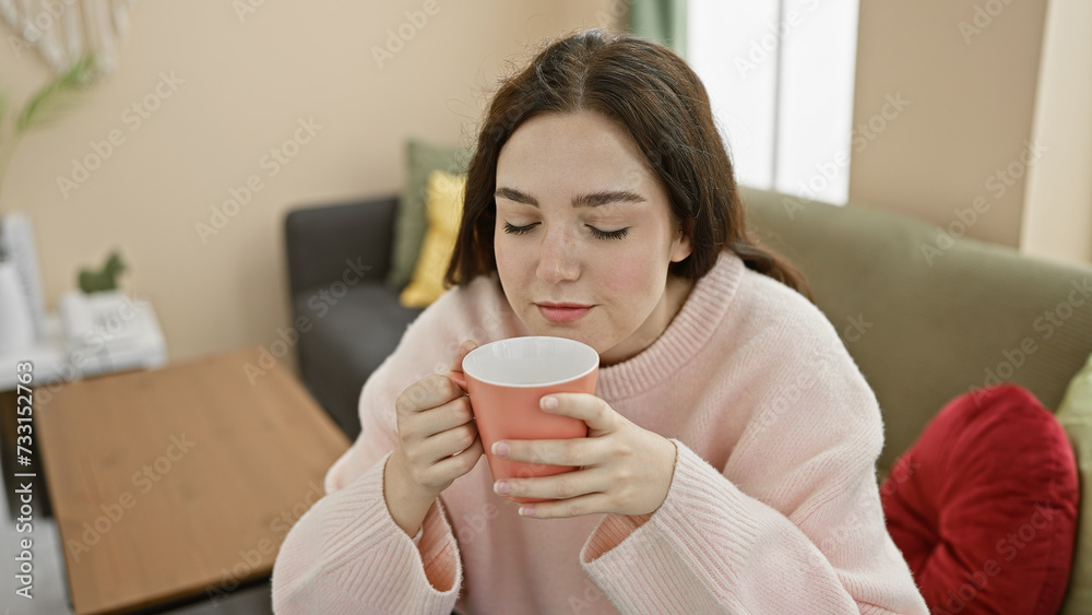 A serene young woman enjoys a moment of relaxation, cradling a cup in a cozy home living room.