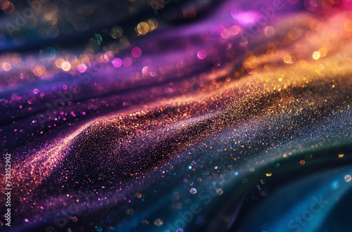 Waves of glitter in varying colors of purple, blue, and gold creating a textured appearance on a surface with light reflections creating bokeh effects