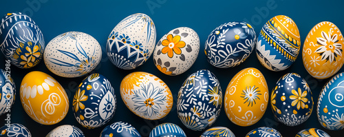 Easter Eggs banner with beautifully detailed floral patterns. Yellow, blue, teal spring flowers hand painted on colorful Easter eggs. Banner panorama for web, mobile, social by Vita photo