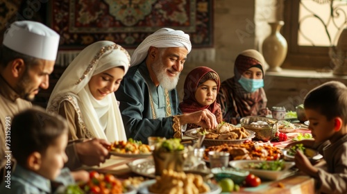 Happy Middle Eastern family shares food at dining table on Ramadan