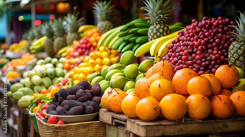 An exotic fruit market with a vibrant display of tropical fruits