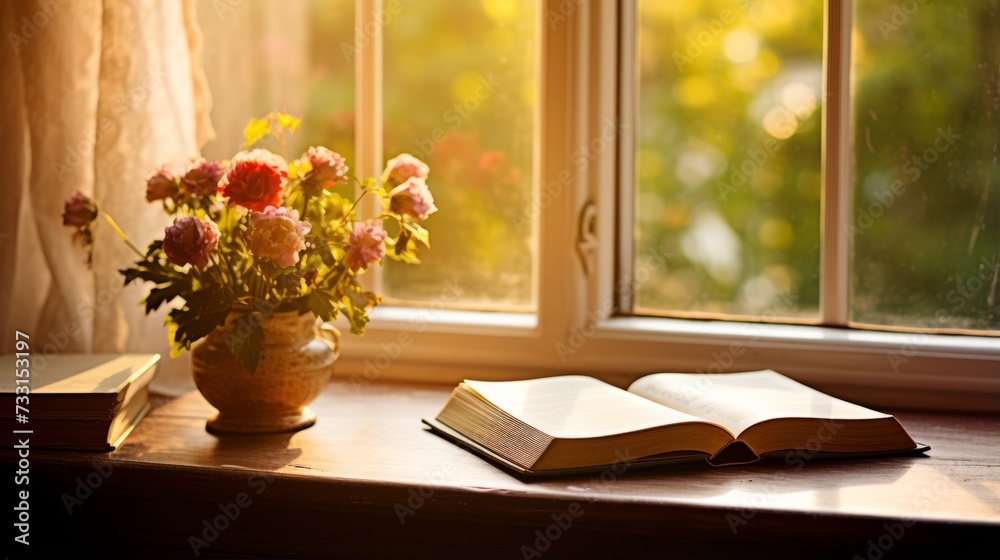 An open book on a sunlit windowsill with a view An open book on a sunlit windowsill with a view