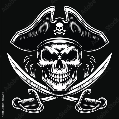 Dark Art Pirates Skull Head with Double Sword Black and White Illustration