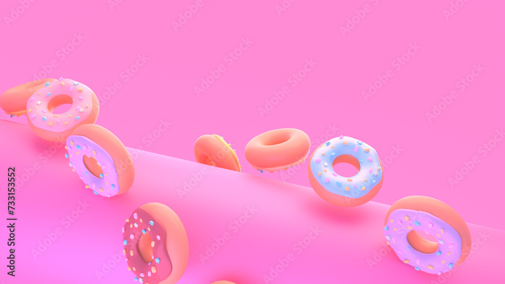 3d rendered colorful rolling donuts.