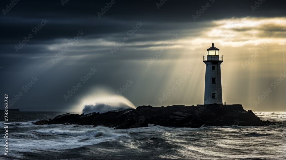 Coastal lighthouse casting its beam over the dark ocean waters