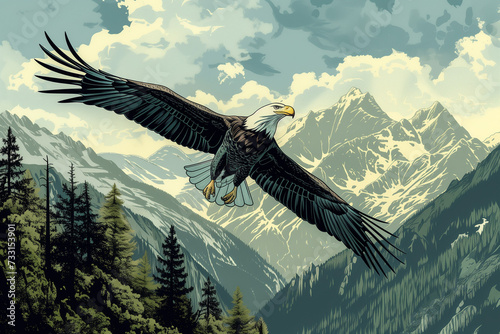 Wild Skies: Retro Comic Scene of a Majestic Bald Eagle Soaring Over Mountains Illustrated  © Richard