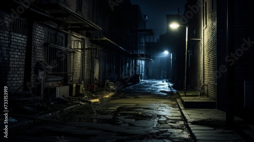 Dark alleyway with flickering streetlights and ominous shadows