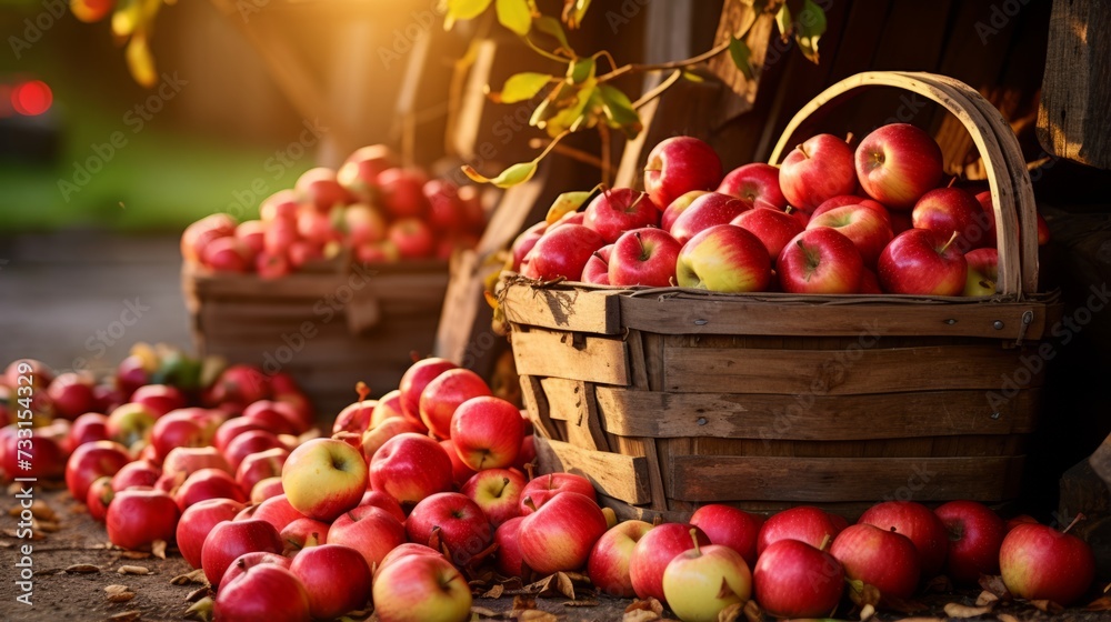 Rustic wooden basket filled with fresh red apples Rustic wooden basket filled with fresh red apples