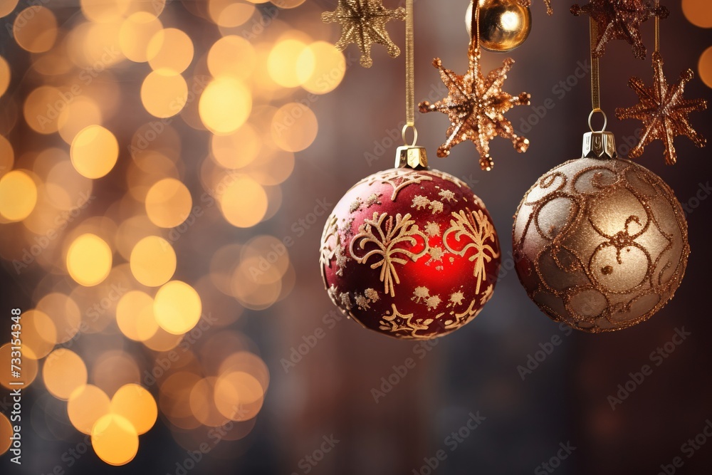 Festive christmas ornaments hanging against a bokeh background
