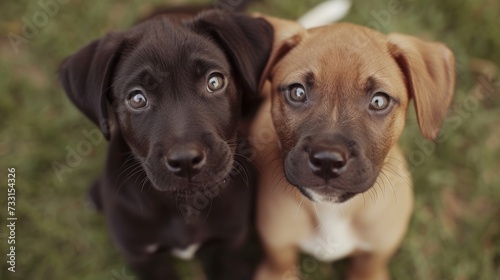 Two adorable puppies gaze curiously into the camera, their eyes full of innocence and wonder