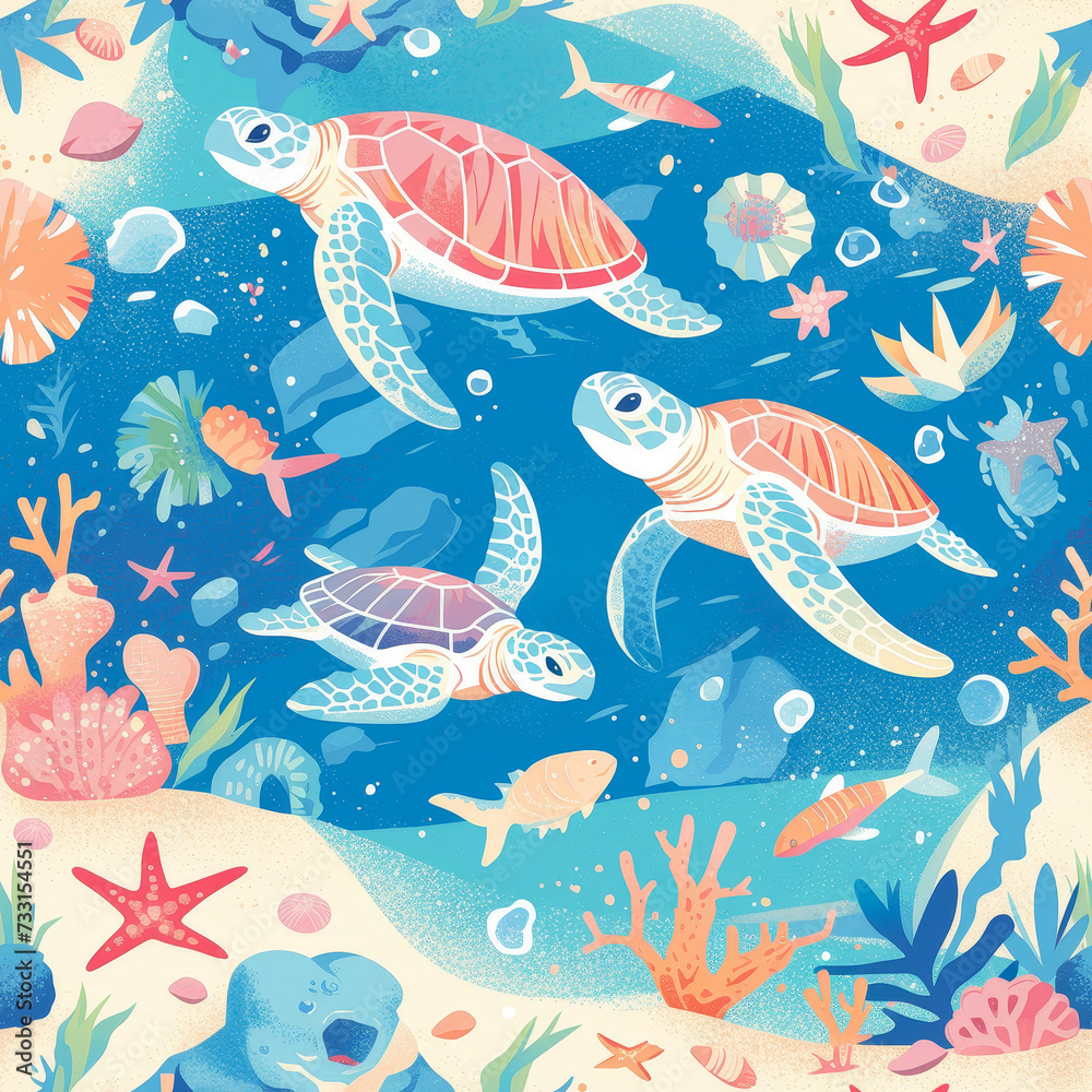 Ocean turtles as a background on a seamless tile, ai generated Ocean turtles as a background on a seamless tile, ai generated