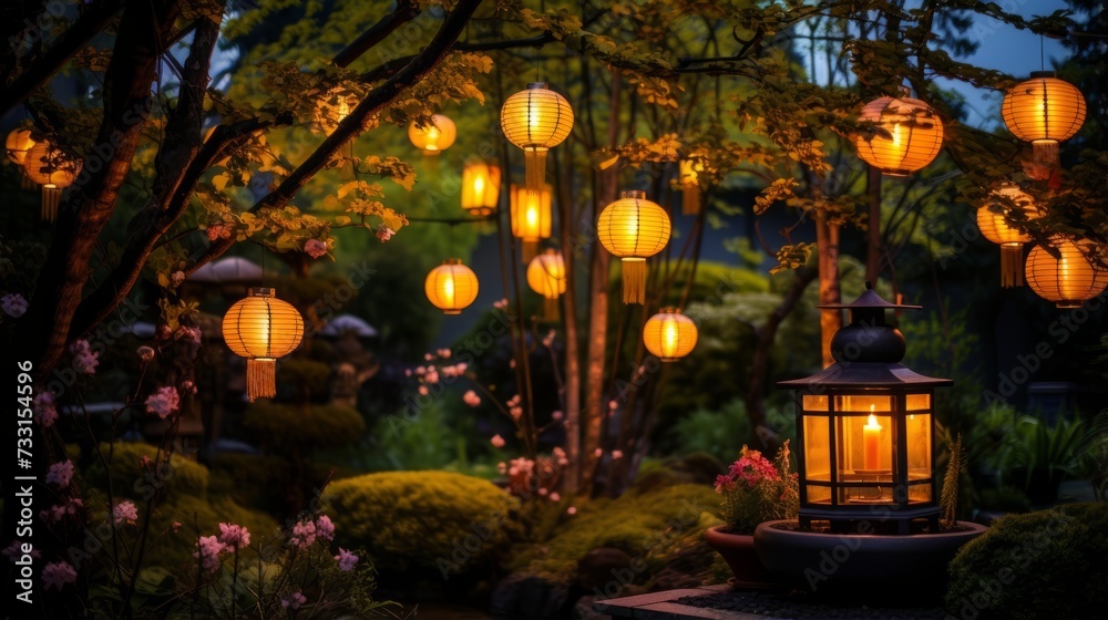 Glowing lanterns illuminating a garden at twilight Glowing lanterns illuminating a garden at twilight