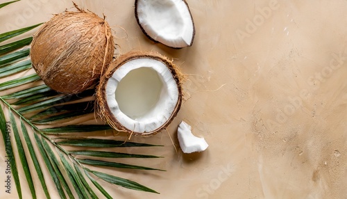 summer composition with coconut coconut on pastel beige background flat lay top view copy space