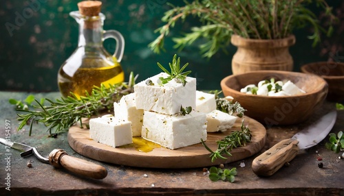 sliced feta cheese with herbs and olive oil