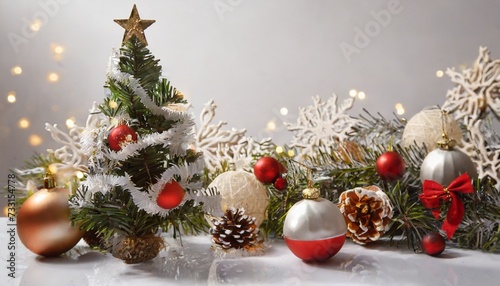 christmas tree and decorations on white background