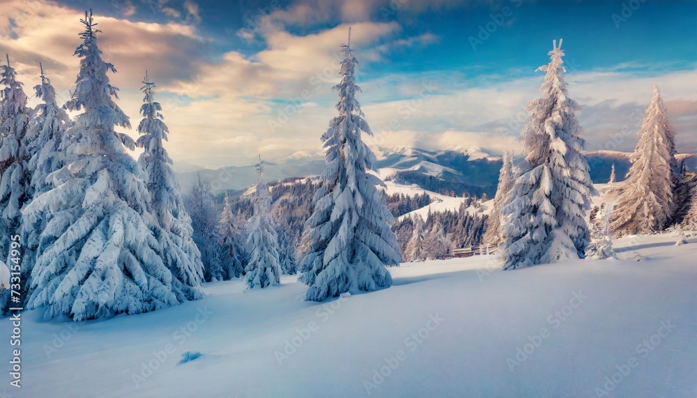 impressive winter morning in carpathian mountains with snow covered fir trees colorful outdoor scene happy new year celebration concept artistic style post processed photo