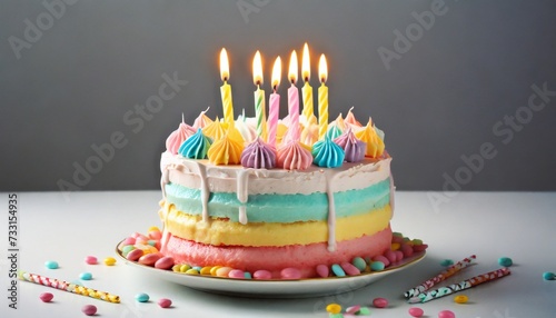 colorful birthday cake with candles on white background
