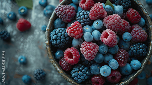 Close-up of a rustic bowl overflowing with an assortment of fresh blueberries, raspberries, and blackberries, rich in color and texture.
