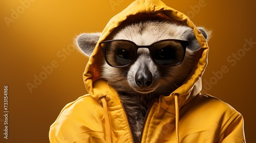 A trendy squirrel flaunts a streetwear-inspired outfit, complete with a hoodie and stylish sunglasses. Against a solid yellow background, the high-definition image captures its modern ©  ALLAH LOVE