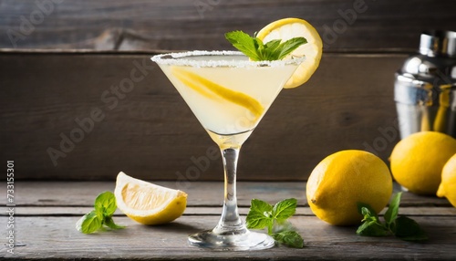 yellow martini cocktail with lemon and mint on the rustic wooden background