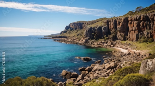 Rocky cliffs overlooking a tranquil ocean bay