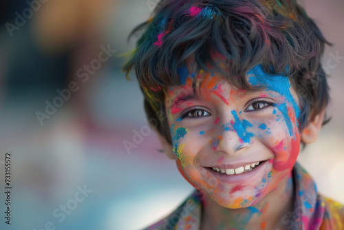 An Indian child smiling with his face smeared in different colored powders. Holi Festival, India's Most Colorful Festival