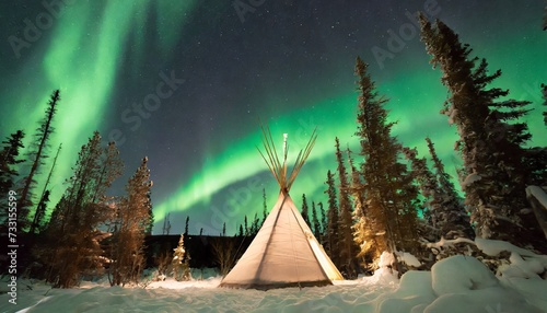 glowing tipi teepee in the snowy forest under the northern lights yellowknife northwest territories canada photo