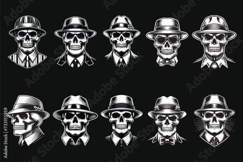 Dark Art Skull Mafia Head with Hat and Collar Black and White Illustration