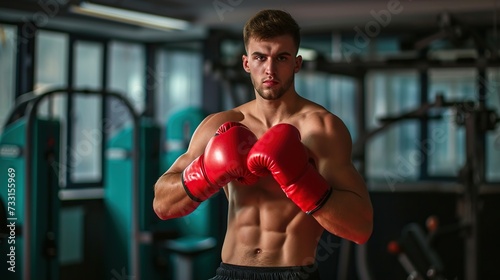 Action young male handsome boxer wearing boxing gloves in gym background © Mas