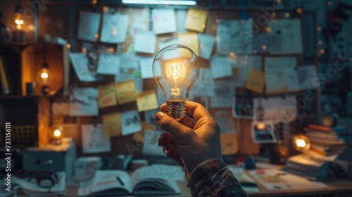 creative business plan ideas concept of glowing light bulb and sticky note on brainstorming board background.  photo