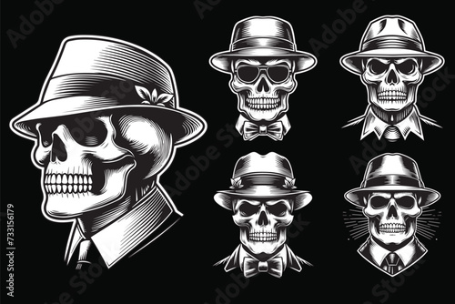 Dark Art Skull Mafia Head with Hat and Collar Black and White Illustration